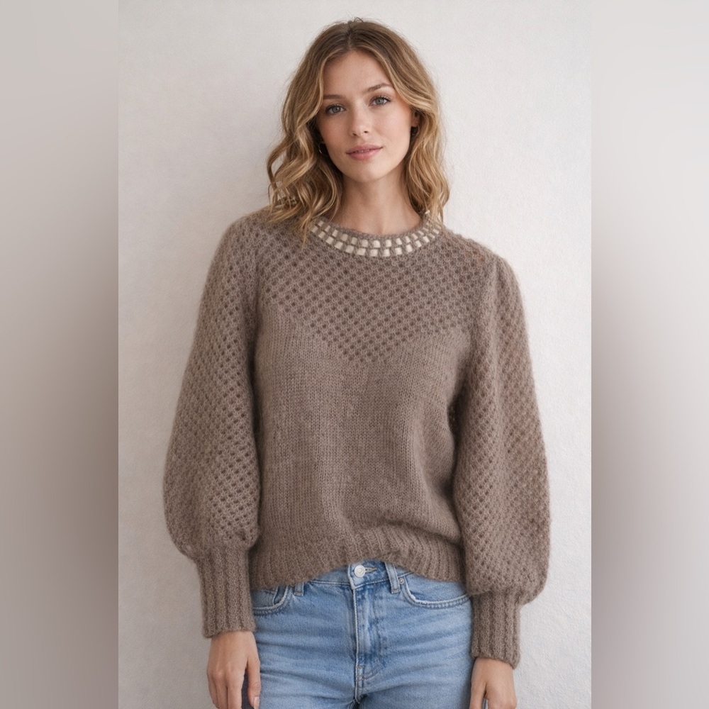 Hand Knit Mohair Style Sweater Honeycomb Knit Balloon Sleeve Boho Cottagecore